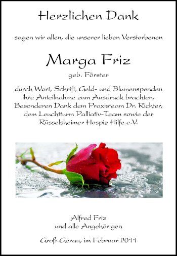 Traueranzeige von Marga Friz von Rüsselsheimer Echo, Groß-Gerauer-Echo, Ried Echo