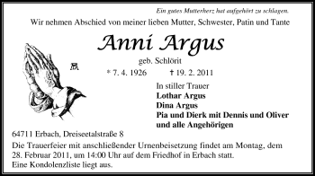 Traueranzeige von Anni Argus von Odenwälder Echo