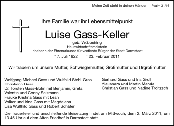Traueranzeige von Luise Gass-Keller von Darmstädter Echo, Odenwälder Echo, Rüsselsheimer Echo, Groß-Gerauer-Echo, Ried Echo