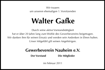 Traueranzeige von Walter Gafke von Rüsselsheimer Echo, Groß-Gerauer-Echo, Ried Echo