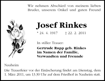 Traueranzeige von Josef Rinkes von Rüsselsheimer Echo, Groß-Gerauer-Echo, Ried Echo