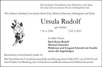 Traueranzeige von Ursula Rudolf von Rüsselsheimer Echo, Groß-Gerauer-Echo, Ried Echo