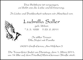 Traueranzeige von Ludmilla Saller von Rüsselsheimer Echo, Groß-Gerauer-Echo, Ried Echo