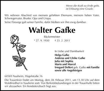 Traueranzeige von Walter Gafke von Darmstädter Echo, Odenwälder Echo, Rüsselsheimer Echo, Groß-Gerauer-Echo, Ried Echo