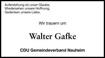 Traueranzeige von Walter Gafke von Rüsselsheimer Echo, Groß-Gerauer-Echo, Ried Echo