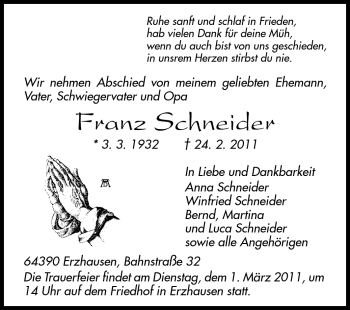 Traueranzeige von Franz Schneider von Echo-Zeitungen (Gesamtausgabe)