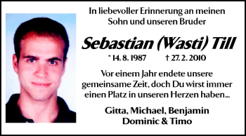 Traueranzeige von Sebastian (Wasti) Till von Darmstädter Echo, Odenwälder Echo, Rüsselsheimer Echo, Groß-Gerauer-Echo, Ried Echo