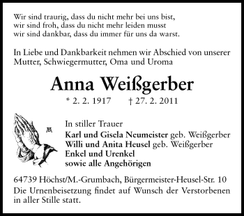 Traueranzeige von Anna Weißgerber von Odenwälder Echo