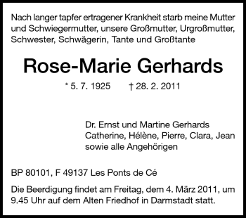 Traueranzeige von Rosemarie Gerhards von Darmstädter Echo, Odenwälder Echo, Rüsselsheimer Echo, Groß-Gerauer-Echo, Ried Echo