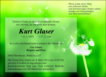 Traueranzeige von Kurt Glaser von Echo-Zeitungen (Gesamtausgabe)