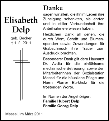 Traueranzeige von Elisabeth Delp von Darmstädter Echo, Odenwälder Echo, Rüsselsheimer Echo, Groß-Gerauer-Echo, Ried Echo