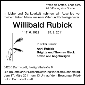 Traueranzeige von Willibald Rubick von Darmstädter Echo, Odenwälder Echo, Rüsselsheimer Echo, Groß-Gerauer-Echo, Ried Echo