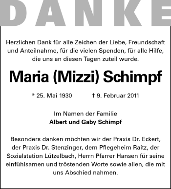 Traueranzeige von Maria Schimpf von Odenwälder Echo