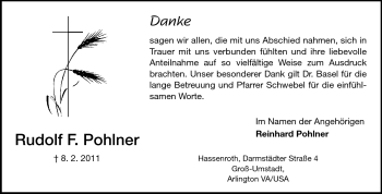 Traueranzeige von Rudolf F. Pohlner von Echo-Zeitungen (Gesamtausgabe)