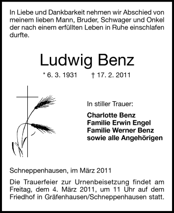 Traueranzeige von Ludwig Benz von Darmstädter Echo, Odenwälder Echo, Rüsselsheimer Echo, Groß-Gerauer-Echo, Ried Echo