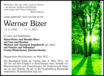 Traueranzeige von Werner Bizer von Starkenburger Echo, Bergsträßer Anzeiger