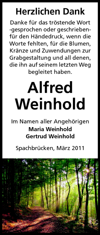 Traueranzeige von Alfred Weinhold von Darmstädter Echo, Odenwälder Echo, Rüsselsheimer Echo, Groß-Gerauer-Echo, Ried Echo