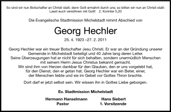 Traueranzeige von Georg Hechler von Odenwälder Echo