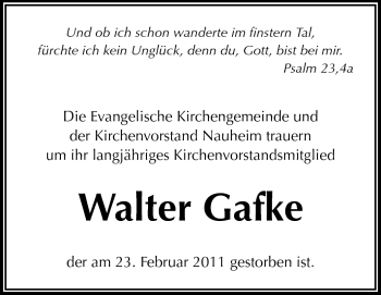 Traueranzeige von Walter Gafke von Rüsselsheimer Echo, Groß-Gerauer-Echo, Ried Echo