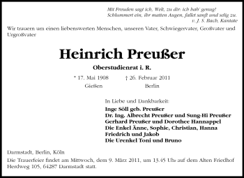 Traueranzeige von Heinrich Preußer von Darmstädter Echo, Odenwälder Echo, Rüsselsheimer Echo, Groß-Gerauer-Echo, Ried Echo
