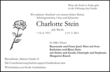 Traueranzeige von Charlotte Stein von Rüsselsheimer Echo, Groß-Gerauer-Echo, Ried Echo