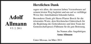 Traueranzeige von Adolf Allmann von Odenwälder Echo