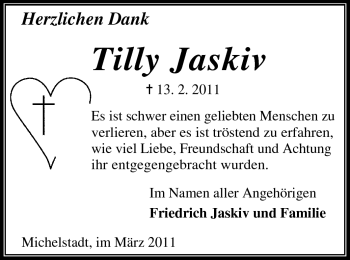 Traueranzeige von Tilly Jaskiv von Odenwälder Echo