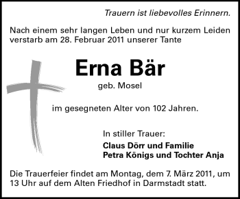 Traueranzeige von Erna Bär von Darmstädter Echo, Odenwälder Echo, Rüsselsheimer Echo, Groß-Gerauer-Echo, Ried Echo
