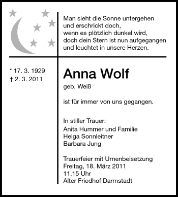 Traueranzeige von Anna Wolf von Echo-Zeitungen (Gesamtausgabe)