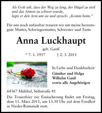 Traueranzeige von Anna Luckhaupt von Echo-Zeitungen (Gesamtausgabe)