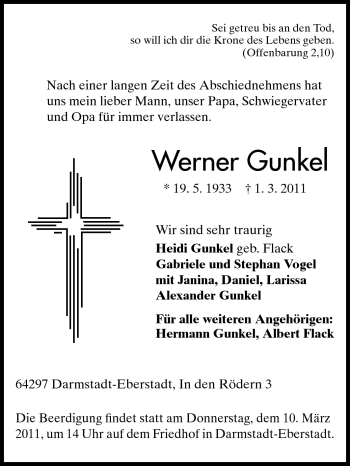 Traueranzeige von Werner Gunkel von Echo-Zeitungen (Gesamtausgabe)