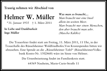 Traueranzeige von Helmer Müller von Rüsselsheimer Echo, Groß-Gerauer-Echo, Ried Echo