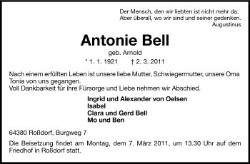 Traueranzeige von Antonie Bell von Darmstädter Echo, Odenwälder Echo, Rüsselsheimer Echo, Groß-Gerauer-Echo, Ried Echo
