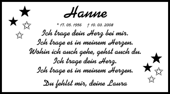 Traueranzeige von Hanne - von Rüsselsheimer Echo, Groß-Gerauer-Echo, Ried Echo