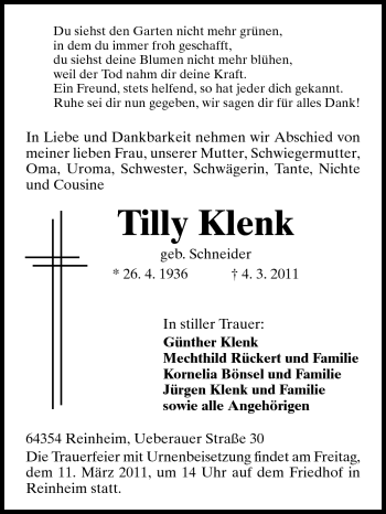 Traueranzeige von Tilly Klenk von Darmstädter Echo, Odenwälder Echo, Rüsselsheimer Echo, Groß-Gerauer-Echo, Ried Echo