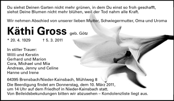 Traueranzeige von Käthi Gross von Odenwälder Echo