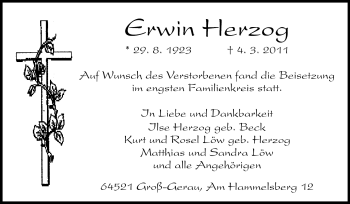 Traueranzeige von Erwin Herzog von Rüsselsheimer Echo, Groß-Gerauer-Echo, Ried Echo