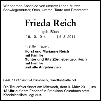 Traueranzeige von Frieda Reich von Odenwälder Echo