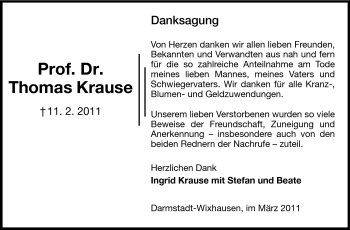 Traueranzeige von Thomas Krause von Darmstädter Echo, Odenwälder Echo, Rüsselsheimer Echo, Groß-Gerauer-Echo, Ried Echo