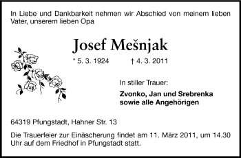 Traueranzeige von Josef Mesnjak von Darmstädter Echo, Odenwälder Echo, Rüsselsheimer Echo, Groß-Gerauer-Echo, Ried Echo