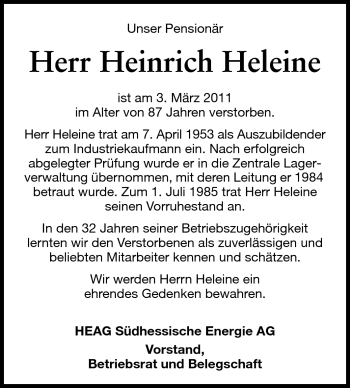 Traueranzeige von Heinrich Heleine von Echo-Zeitungen (Gesamtausgabe)