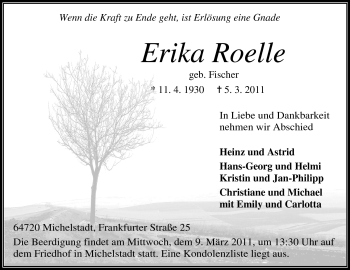 Traueranzeige von Erika Roelle von Odenwälder Echo