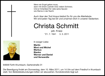 Traueranzeige von Christa Schmitt von Starkenburger Echo