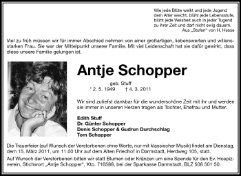 Traueranzeige von Antje Schopper von Echo-Zeitungen (Gesamtausgabe)