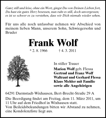 Traueranzeige von Frank Wolf von Echo-Zeitungen (Gesamtausgabe)