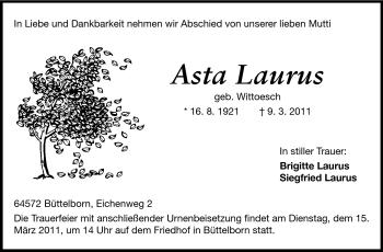 Traueranzeige von Asta Laurus von Rüsselsheimer Echo, Groß-Gerauer-Echo, Ried Echo