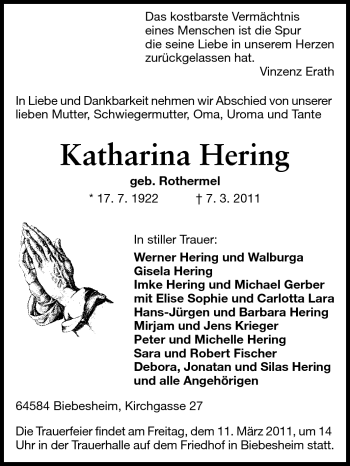 Traueranzeige von Katharina Hering von Rüsselsheimer Echo, Groß-Gerauer-Echo, Ried Echo