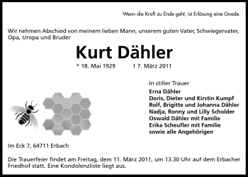 Traueranzeige von Kurt Dähler von Odenwälder Echo