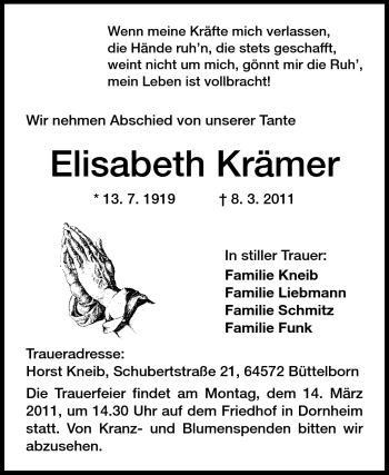 Traueranzeige von Elisabeth Krämer von Rüsselsheimer Echo, Groß-Gerauer-Echo, Ried Echo