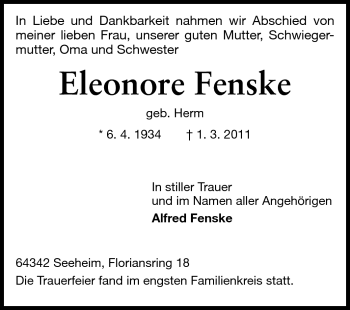 Traueranzeige von Eleonore Fenske von Echo-Zeitungen (Gesamtausgabe)